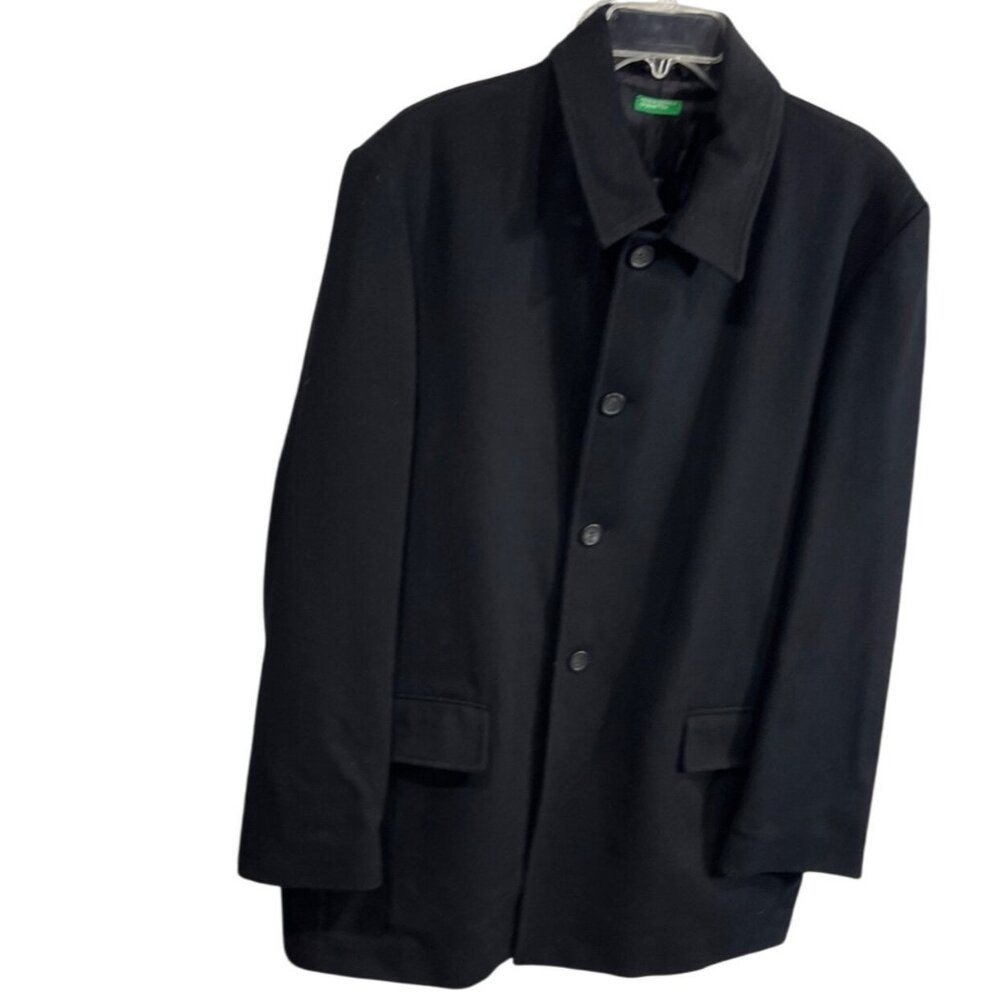 Mens Black Wool Blend Button-Up Coat By Benetton